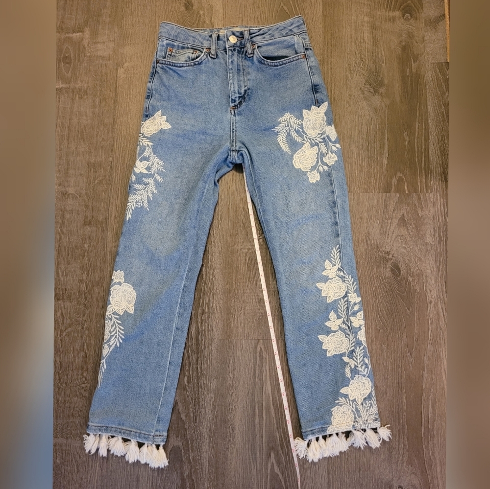 Topshop Moto Floral Embroidered Jeans w/ Tassels